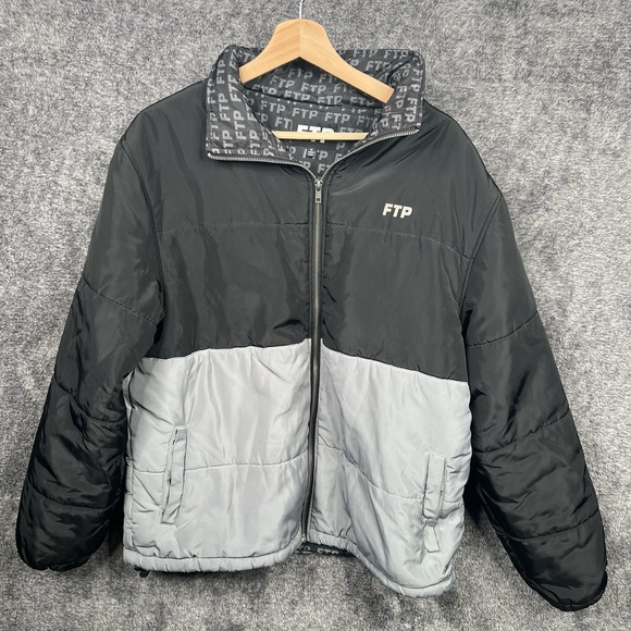 FTP Two Tone Puffer Jacket Coat Black Gray Size Medium Basketball Hypebeast Zip - Picture 1 of 9